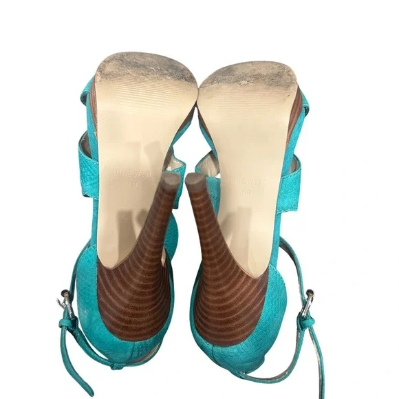 Nine West Teal Leather Strappy Stiletto Sandals Wood  Heel Womens 6M Open Toe - Picture 3 of 3